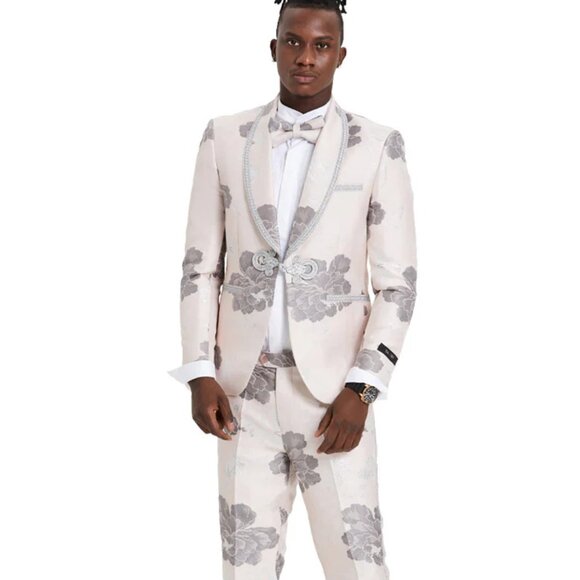 Mens Gray Tuxedo - Grey Wedding Suit-Mens One Button Vested Shawl Tuxedo In Pink - Picture 1 of 4